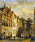 Sunlit Canvas Paintings - Figures in the Sunlit Streets of a Dutch Town